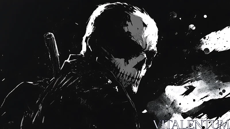 Grim skull warrior in stark monochrome splatter art.