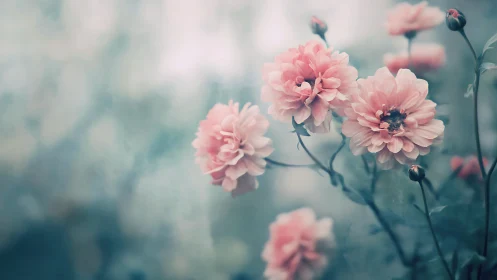 Pink Dahlias in Soft Focus Garden Setting.
