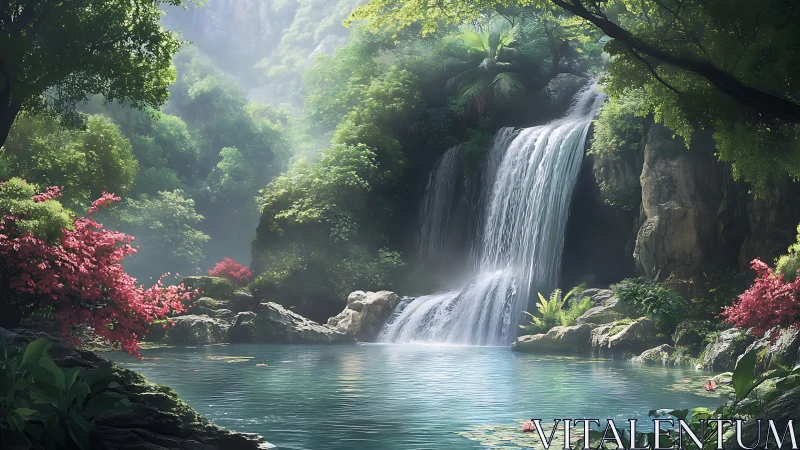 Whispering waterfall lagoon wrapped in emerald forest hush.