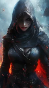Hooded female warrior stands in glowing embers and mist