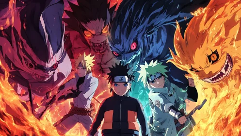 Elemental ninja trio framed by raging chakra beasts.