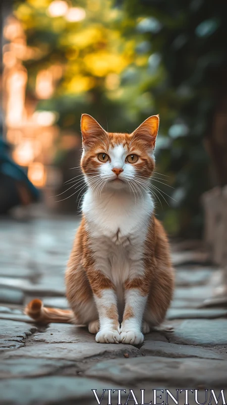 Orange and White Cat Sitting Outdoors with Warm Golden Light