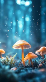 Bioluminescent mushrooms glow in a shallow depth forest macro