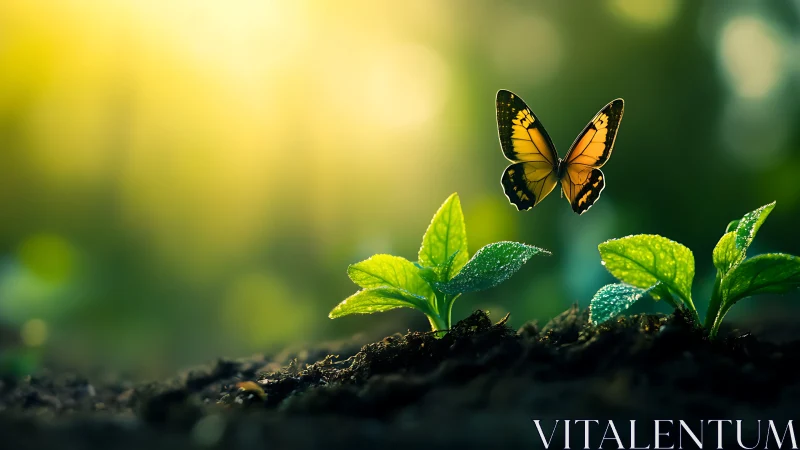 Golden butterfly hovering over dewy seedlings at sunrise.