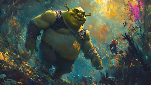 Large green ogre in luminous impressionistic forest scene