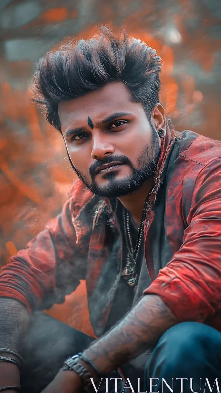 Smoky street-style portrait with bold autumn colors.