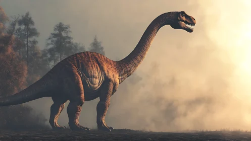 Sauropod dinosaur in foggy conifer forest at sunrise