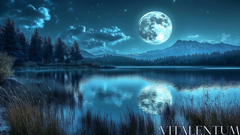 Lunar-lit alpine lake with mirrored moon reflection, digital painting.