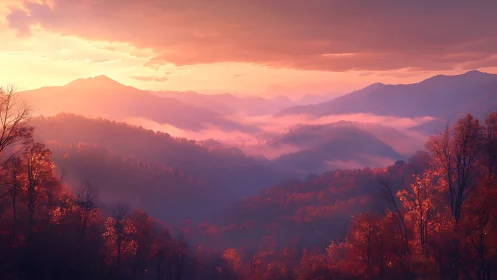 Copper dawn mist curling through ember-tipped mountainscapes.