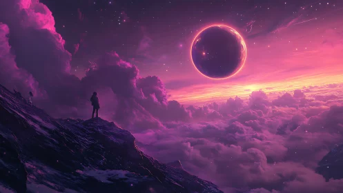 Solitary figure on ridge beneath illuminated alien sphere.