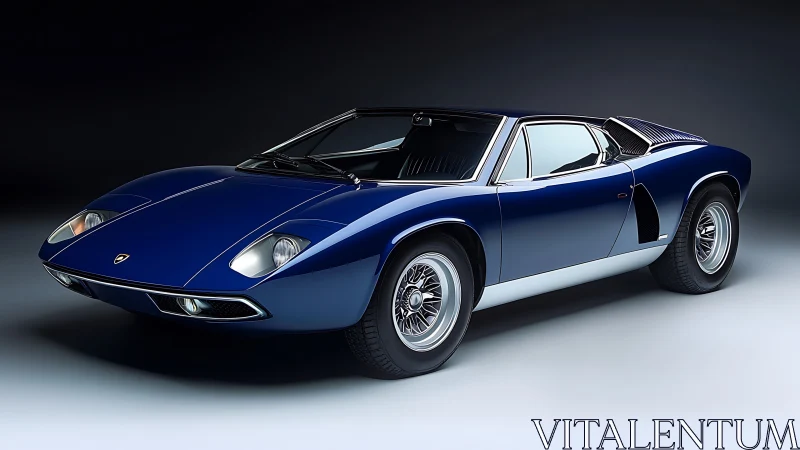 Midnight blue classic supercar poised in sculpted studio light.