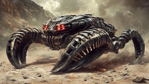 Futuristic crab-like war machine storms a dusty canyon.