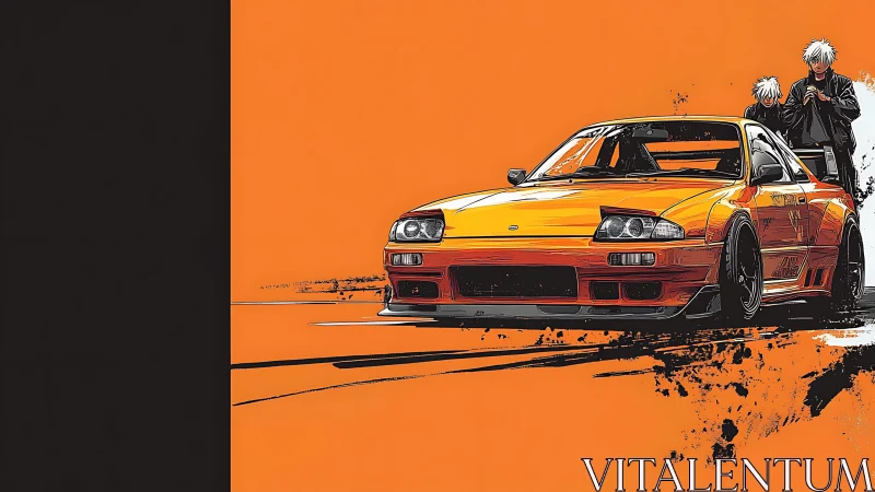 Orange tuner car illustration with two anime characters.