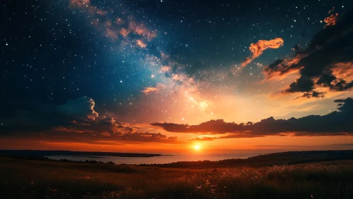 Sunset horizon glows beneath dense stars and Milky Way band