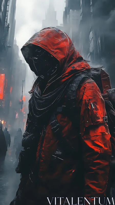 Hooded figure in red gear stands in dense urban fog