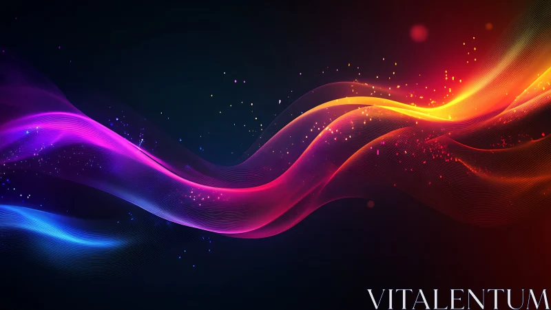 Curved multicolor light bands traverse a dark digital field