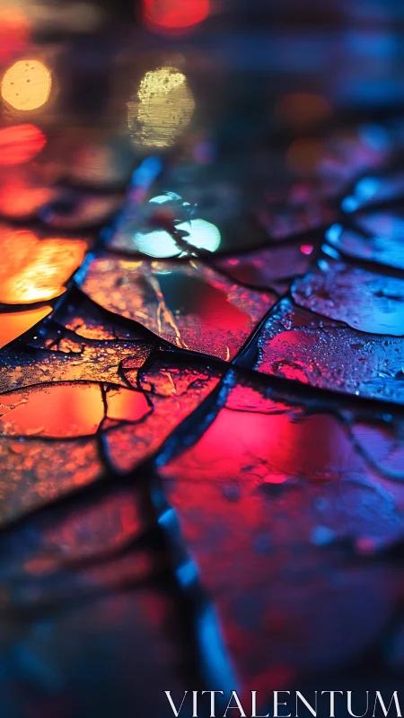 Neon bokeh on fractured glass with shallow depth of field.