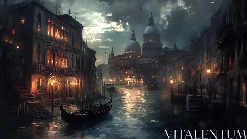 Nocturnal Venetian canal with gondola and illuminated facades