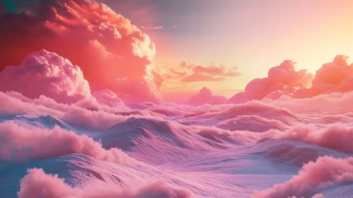 Surreal sunset cloud ocean over pastel rolling waves.