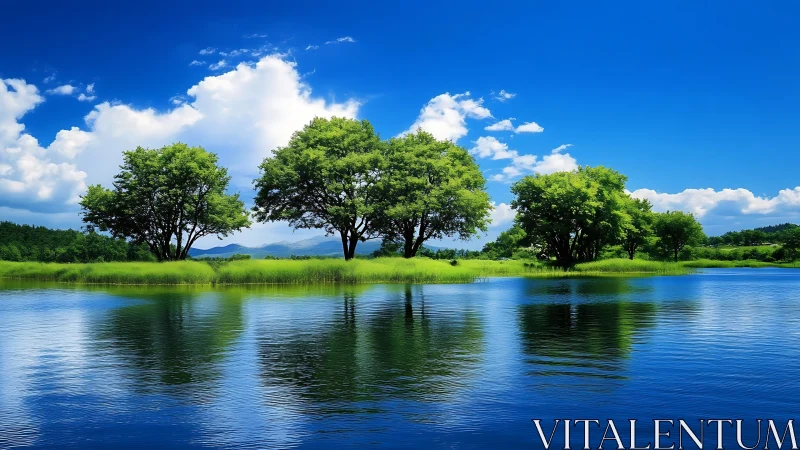 Lakeside trees under vivid blue sky and bright clouds.