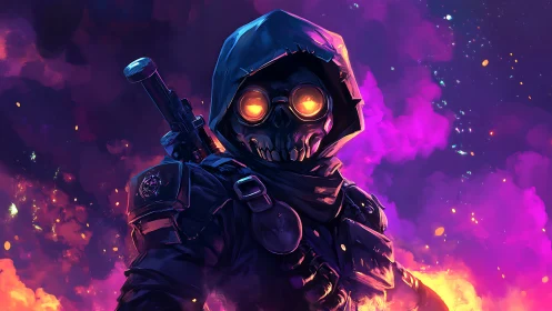 Hooded wanderer with glowing eyes in neon night haze.