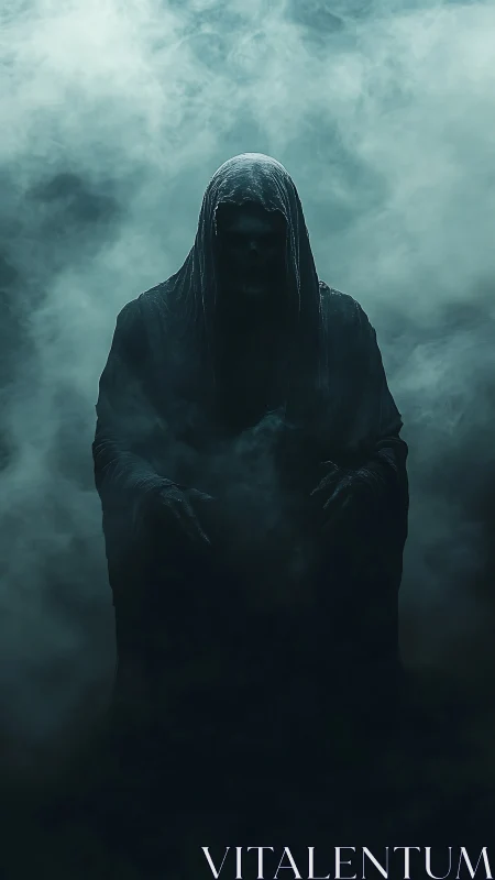 Cloaked necromantic wraith emerging through volumetric fog field.