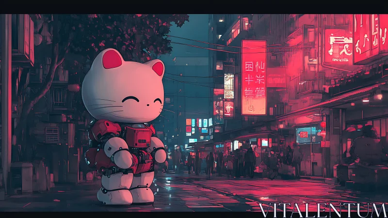 Robotic maneki-neko patrols neon-lit cyberpunk alley at dusk