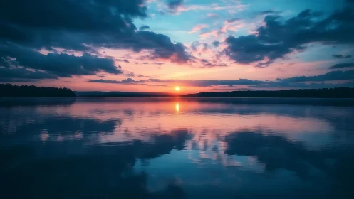 Calm lake horizon at sunset with clouds reflected clearly.