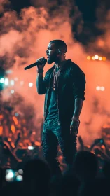 Male vocalist on outdoor stage amid orange concert smoke.