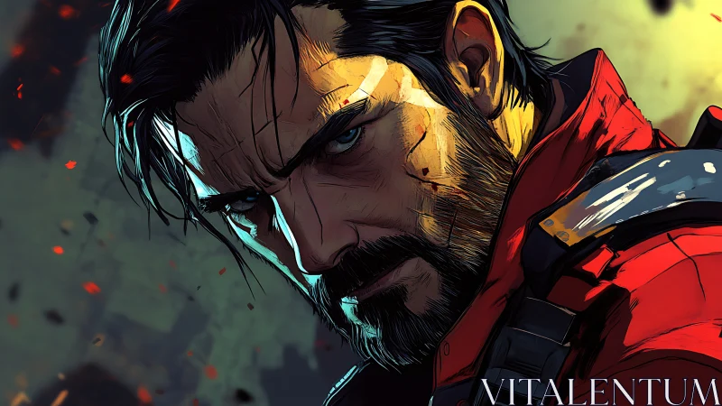 Battle-hardened warrior portrait in intense comic style.