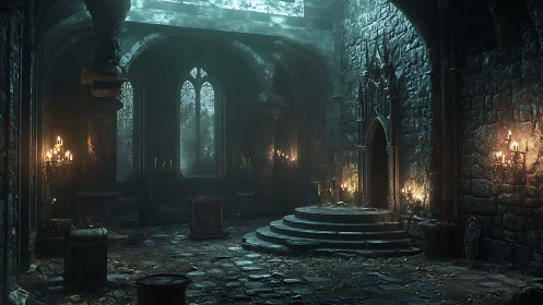 Abandoned stone hall interior with altar steps and candles.