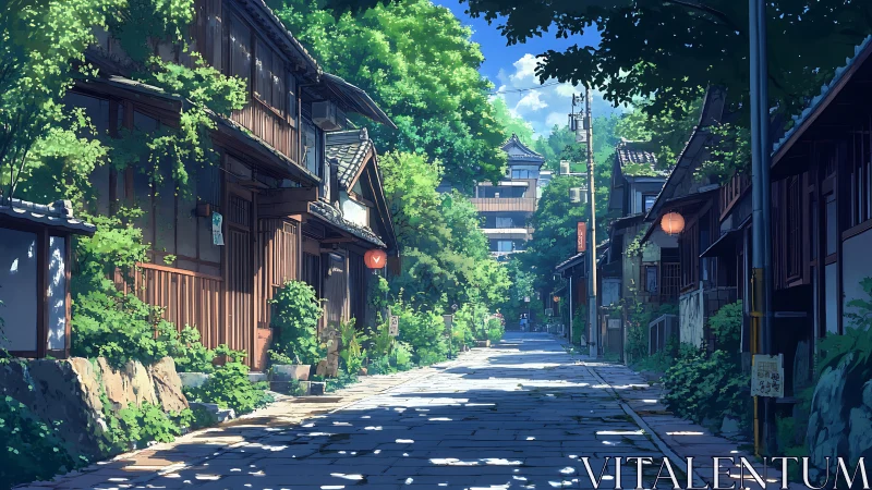 Quiet sunny lane through traditional wooden houses in summer.