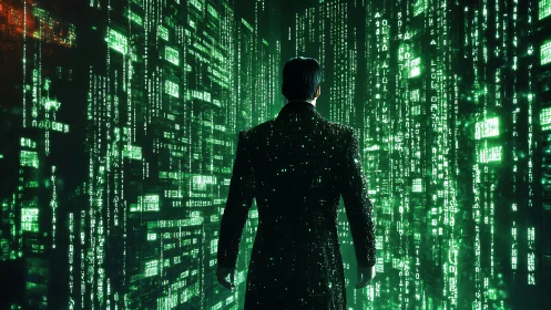 A lone figure calmly explores glowing green digital code walls