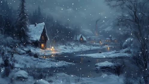 Snowbound riverside village with glowing winter cabins.