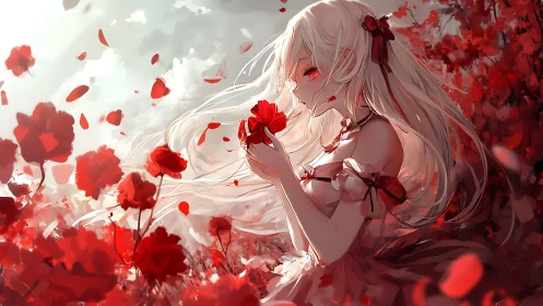 Anime girl holds crimson rose amid swirling red petals