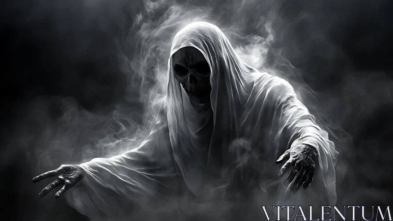 Ghostly reaper emerges from swirling mist in eerie silence