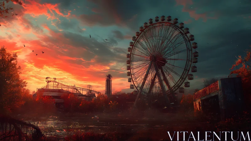 Ferris wheel dominates derelict amusement park at sunset