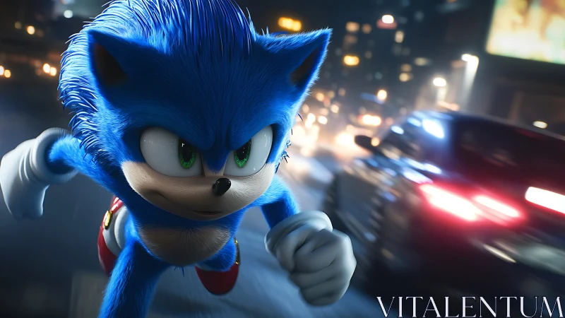 Blue hedgehog sprinting through neon city traffic at night.