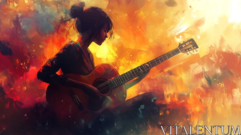 Guitarist resting in glowing sunset colors and gentle calm.