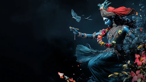 Divine blue deity dancing with birds, florals and dark mist.