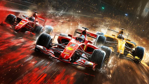 Formula cars storm through rain-soaked night circuit at speed.