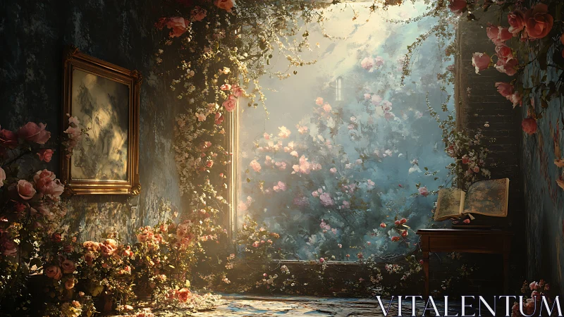 Digital painting of sunlit floral interior and garden portal.