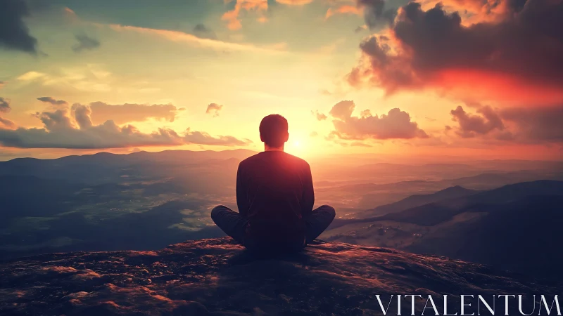 Solitary figure meditating over glowing mountain sunset.