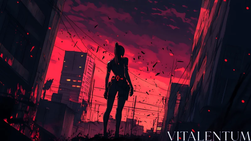 Silhouette of lone figure in red dusk urban street scene.