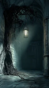 Twisted roots coil beneath a lone lantern in a haunted corridor.