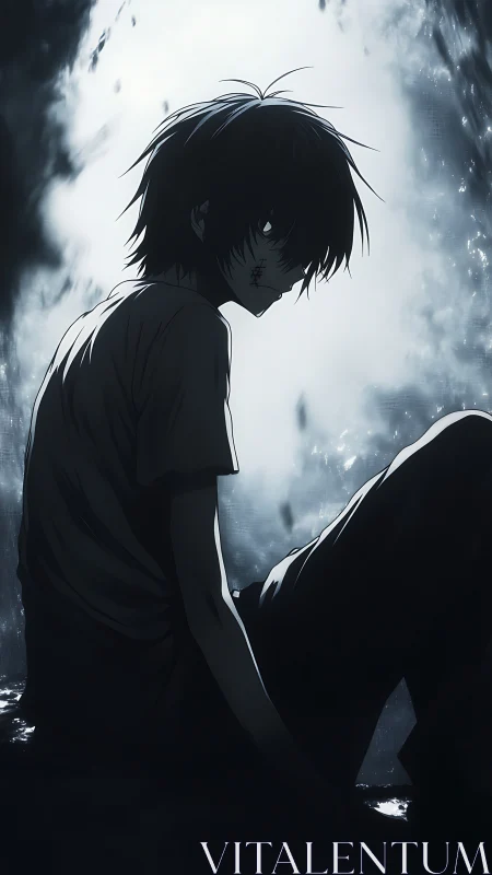 Brooding silhouette of wounded youth in monochrome backlight.