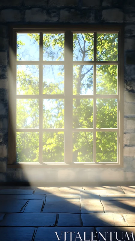 Sunlit cottage window casting soft morning floor shadows.