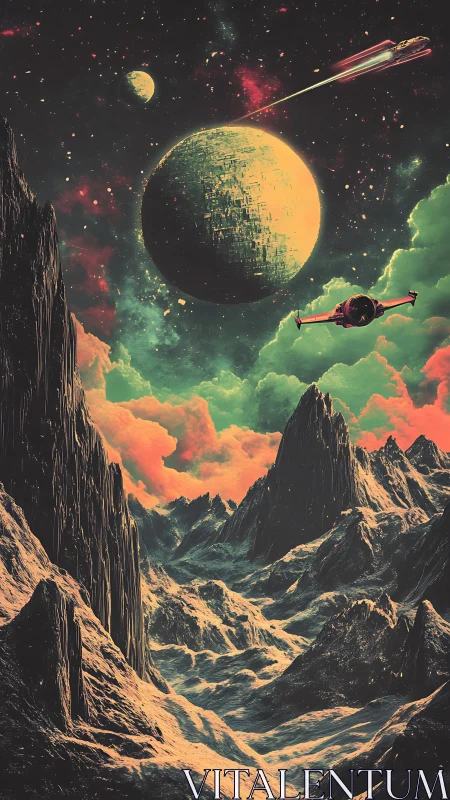 Dreamy alien canyon under glowing twin planets.