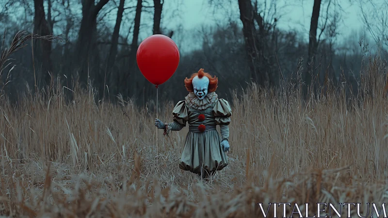 Sinister clown with red balloon in bleak autumn marshland.