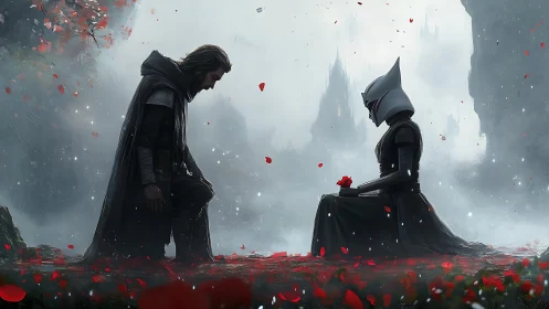 Two cloaked figures face each other amid falling red petals